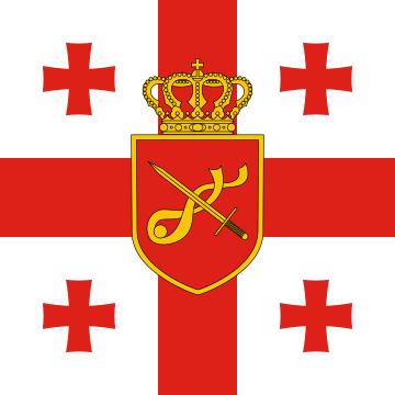 A white flag with a red cross throughout, a red cross pattée in each quarter, and a crowned shield overall