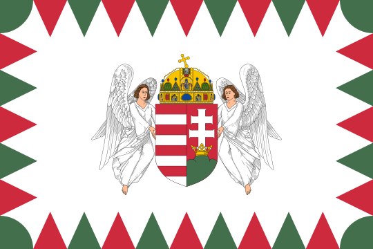 A white flag with a border of red and green triangles and a crowned coat of arms supported by two angels