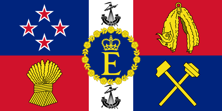 A banner of the arms of New Zealand, with an additional badge of a yellow crown and letter “E” within a rose wreath on blue