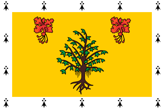 A banner of the arms of Barbados, with a border of black ermine spots on white