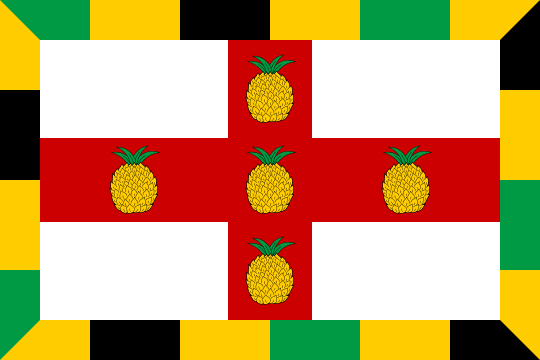 A banner of the arms of Jamaica, with a border of green, yellow and black sections