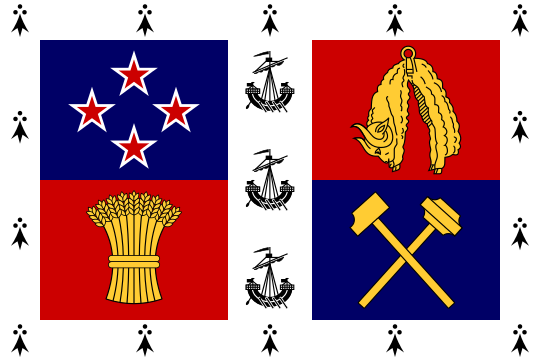 A banner of the arms of New Zealand, with a border of black ermine spots on white