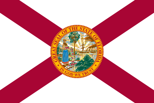 A white flag with a red saltire and the Florida state seal overall