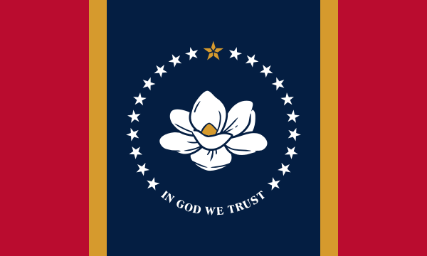 A blue flag with gold-edged red vertical bands on either side and, in the center, a white magnolia flower encircled by 21 stars and “In God we trust”