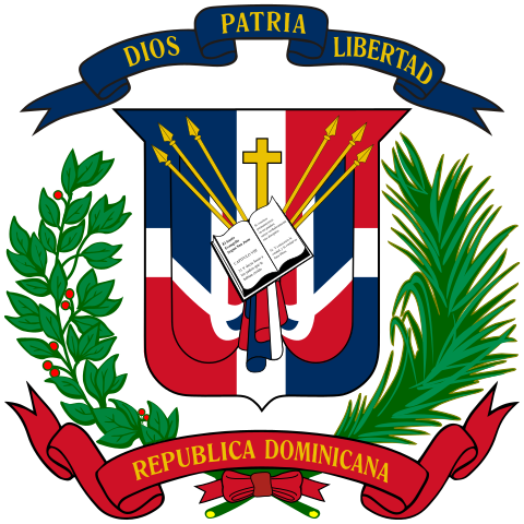 A blue, red and white shield surrounded by a wreath, with “Dios, Patria, Libertad” on a scroll above and “República Dominicana” below