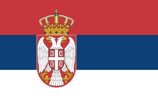 A red–blue–white horizontal tricolor with a crowned coat of arms overall