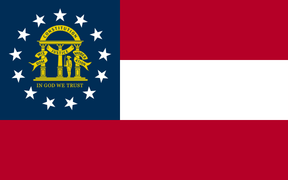 A red–white–red horizontal tribar with a blue canton containing 13 white stars encircling the Georgia state emblem and “In God we trust”