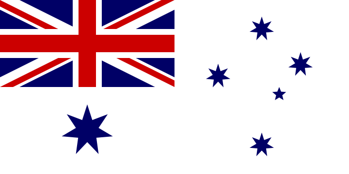 A white flag with the British Union Jack in the canton, a blue seven-pointed star in the lower hoist and the Southern Cross in blue in the fly