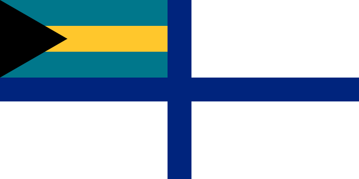 A white flag with a blue cross throughout and the Bahamian flag in the canton