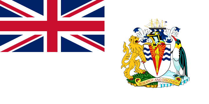 A white flag with the British Union Jack in the canton and the arms of the British Antarctic Territory in the fly