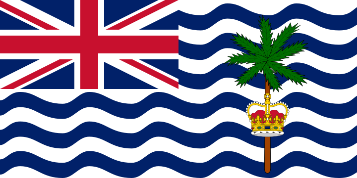 A flag with horizontal wavy stripes of blue and white, the British Union Jack in the canton and a palm tree and crown in the fly