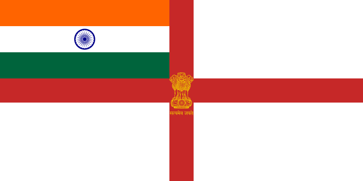 A white flag with a red cross throughout, the Indian flag in the canton and the emblem of India in the center