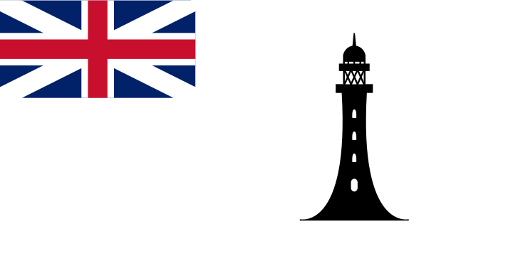 A white flag with the pre-1801 British Union Jack in the canton and a black lighthouse in the fly