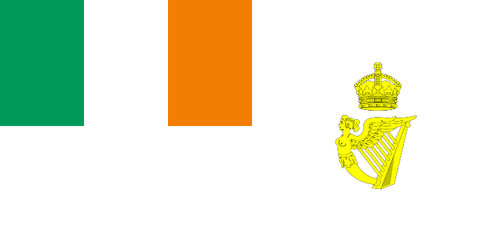 A white flag with the Irish flag in the canton and a yellow crown and harp in the fly