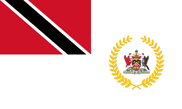 A white flag with Trinidad and Tobago’s flag in the canton and its wreathed coat of arms in the fly